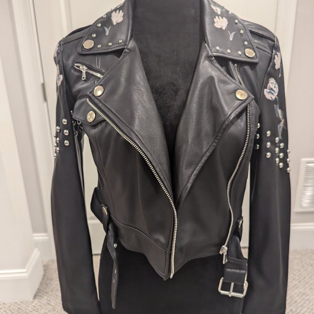 Studded Tulip Print Vegan Black Leather BEBE Jacket XXS